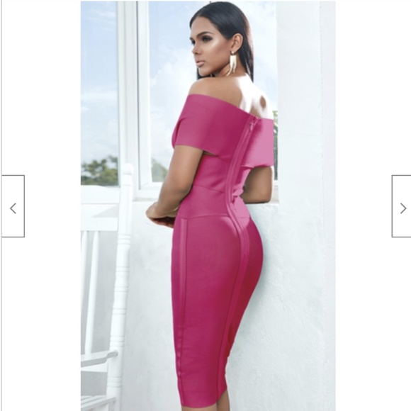 NEW OFF THE SHOULDER BARDOT BANDAGE DRESS MARGOT ROBBIE NAOMI DRESS MAGENTA PINK - Picture 6 of 10